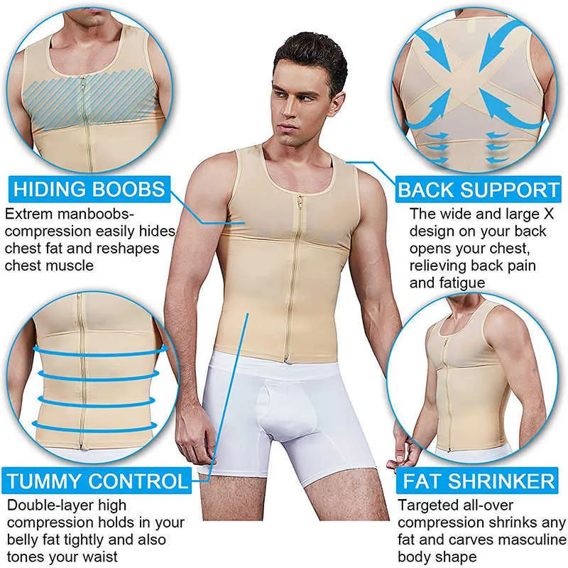 Hommes chemise gilet minceur corps Shaper avec fermeture éclair serré débardeur taille formateur ventre contrôle ceinture Corset mince Shapewear