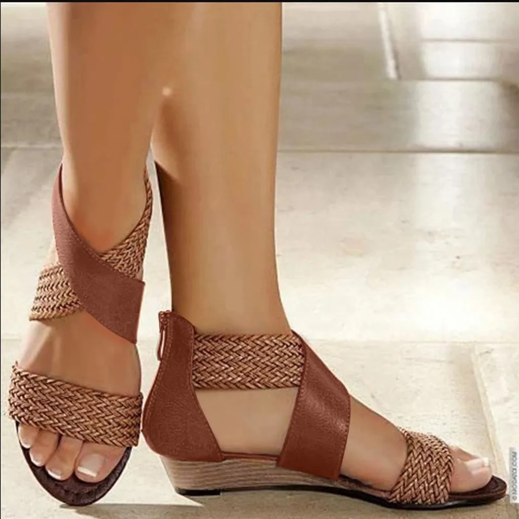 WDHKUN mode nouveau poisson bouche en cuir toile femmes armure chaussures à talons compensés sandales à fermeture éclair décontracté plage sandales chaussures romaines K78