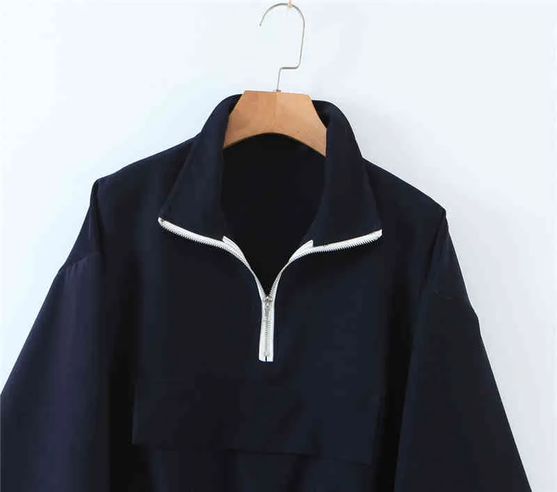 Streetwear Style Navy Blue Jacket Dames Casual Losse Turndown Collar Rits Lange Mouw Spring Jas Vrouw Chaqueta 210514