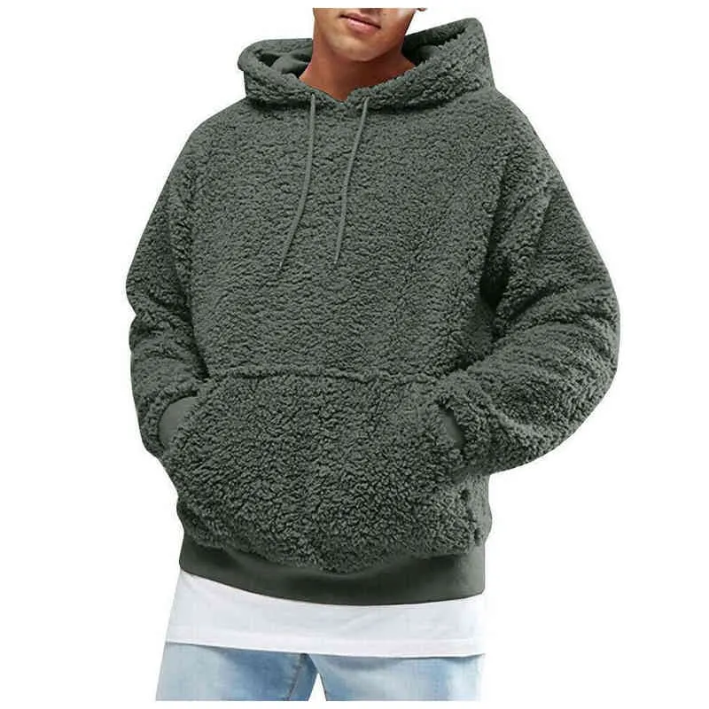 Mode Mäns Casual Solid Färg Hooded Långärmad Höst Vinter Varm Ficka Lös Sweatshirt Plush Fleece Hoodies Sportkläder # G3 211229