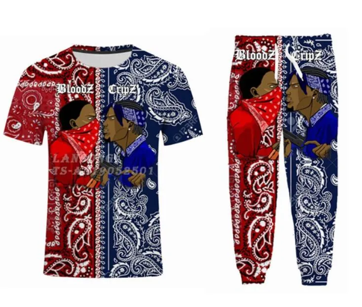 Hurtownie - 2022 New Fashion Casual Bandana 3D All Over Drukuj Dresy T-Shirt + Joggers Spodnie Garnitur Kobiety Mężczyźni @ 027