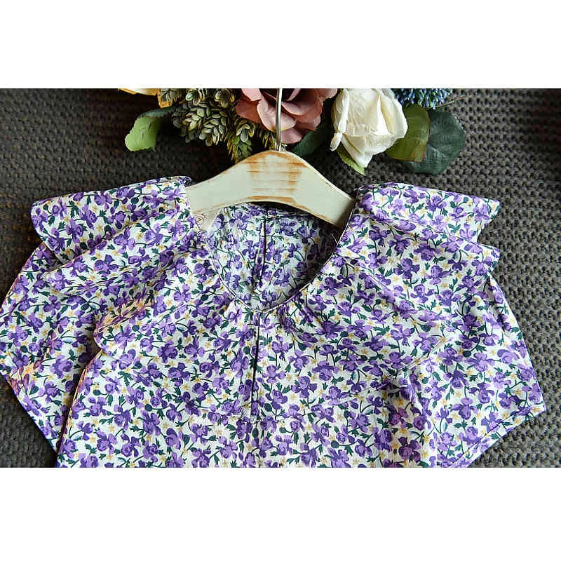 Девушки напечатаны одежда костюм лето короткие рукава цветочные рубашки + джинсовая фиолетовая юбка 2 шт. Модный детский 210515