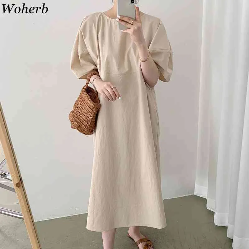 Korean Solid Women Long Dress Summer Puff Sleeve O-neck Casual All Match Shirt Dresses Fashion Vintage Vestidos 210519