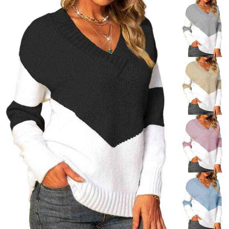 Fashion Casual Patchwork Lady Sweater Vintage V Neckover Jumpers Drop Shoulder Sleeve Vinter Elegant Stickad Kvinnor Sweater Y1110