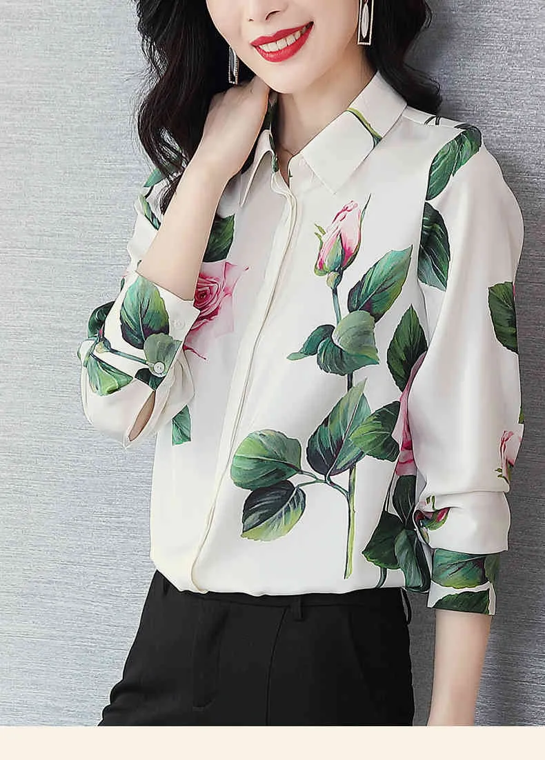 Tingfly Designer Rose Flower Floral Slå ner krage -knappen Up Bluses Elegant Women Offic Work Blus Blusa Femme Shirts Plus 210401