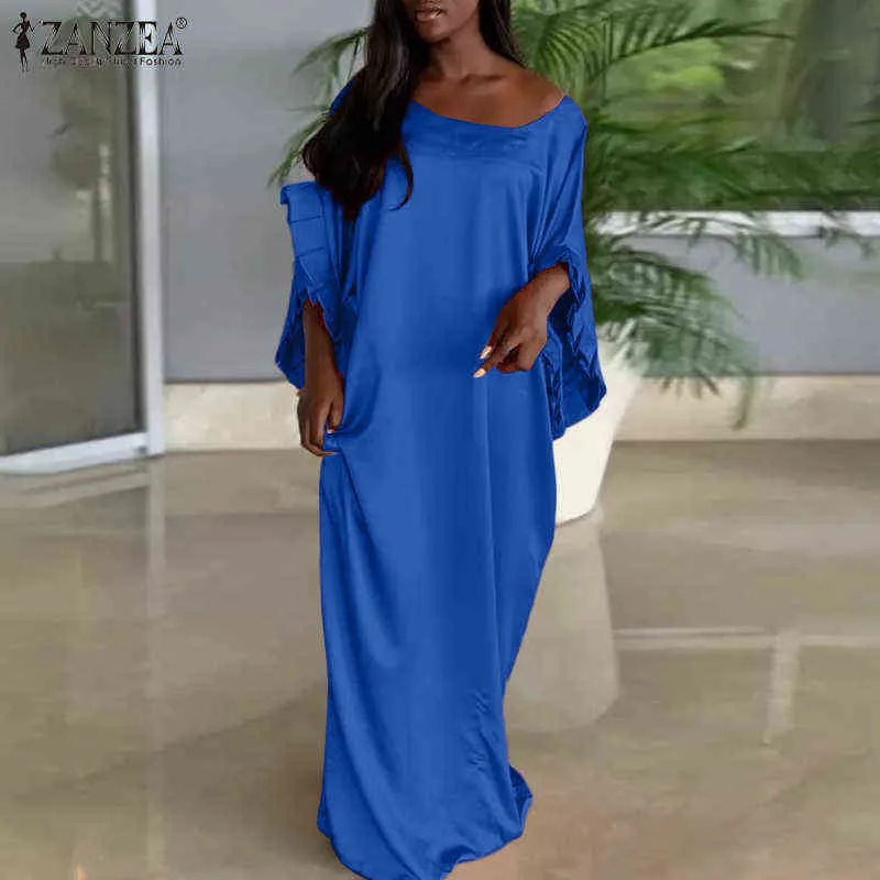 2021 automne Satin soie robes ZANZEA fête à volants Robe femmes élégant solide sol Vestidos femme mode Robe Longue surdimensionné Y1204