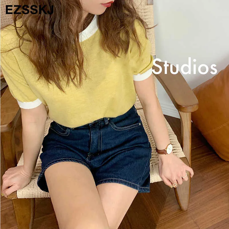 Casual Knit Cashmere Soft Basic T Shirt Kobiety Lato Z Krótkim Rękawem Loose T-Shirt Candy Color Slim Tee Top Female Y0621