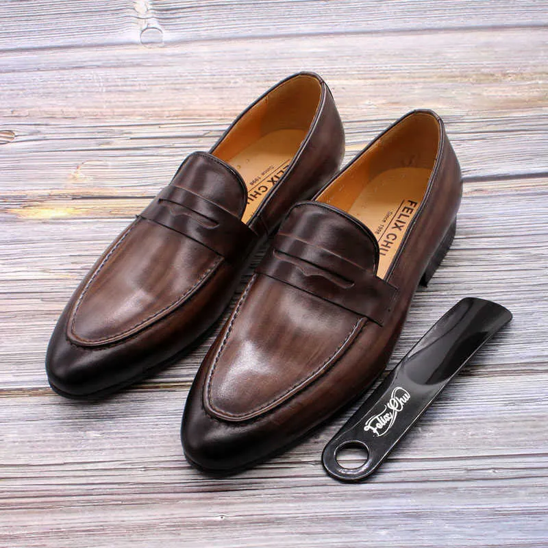 Size 6-13 Spring Autumn Mens Penny Loafers Genuine Leather Hand Painted Slip On Dress Shoes Men Wedding Casual Business 210827
