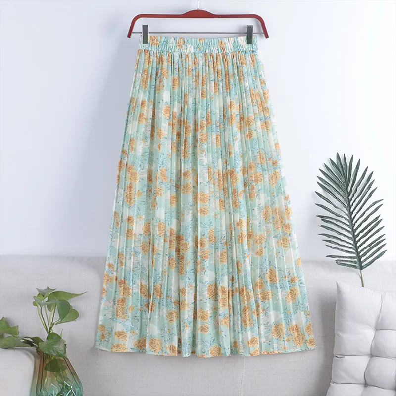 Summer Vintage Floral Print Pleated Women's Long Skirt Chiffon High Waist Loose Female Umbrella A-Line Skirts 210428