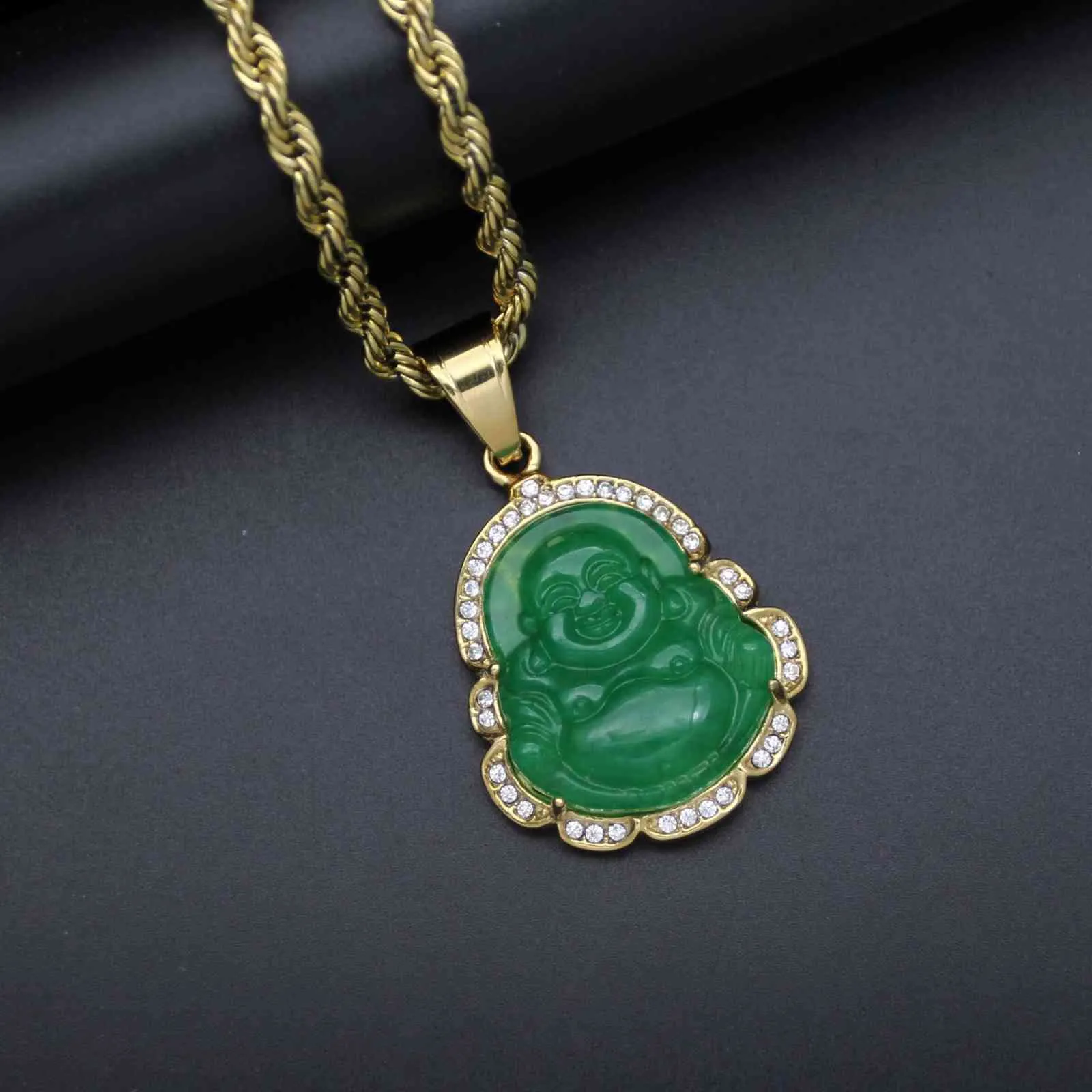 Gröna jade smycken skrattande buddha pendel kedja halsband för kvinnor rostfritt stål 18k guld pläterade amulett tillbehör mödrar dag gåva