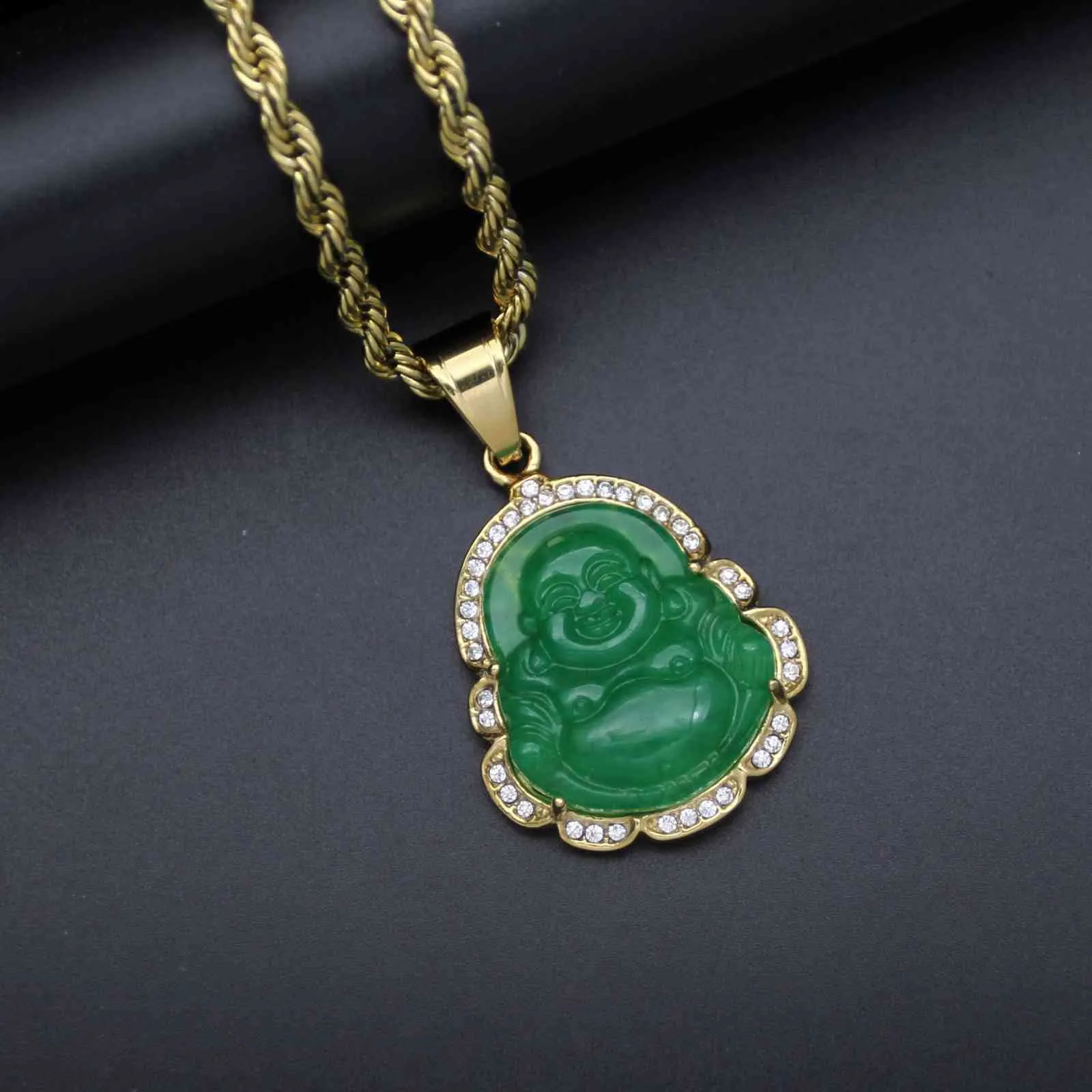 Gröna jade smycken skrattande buddha pendelkedja halsband för kvinnor rostfritt stål 18k guldpläterad amulett tillbehör mödrar dag3164742