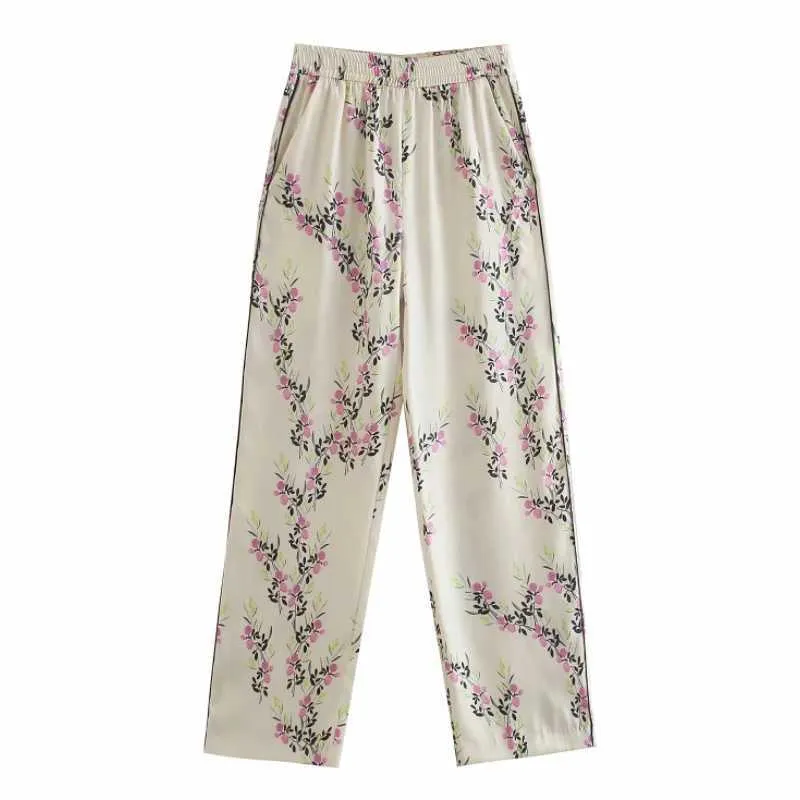 Women Floral Print Edge Piping Decoration Straight Pants Casual Lady Elastic Waist Chic Loose Trousers P2177 Q0801