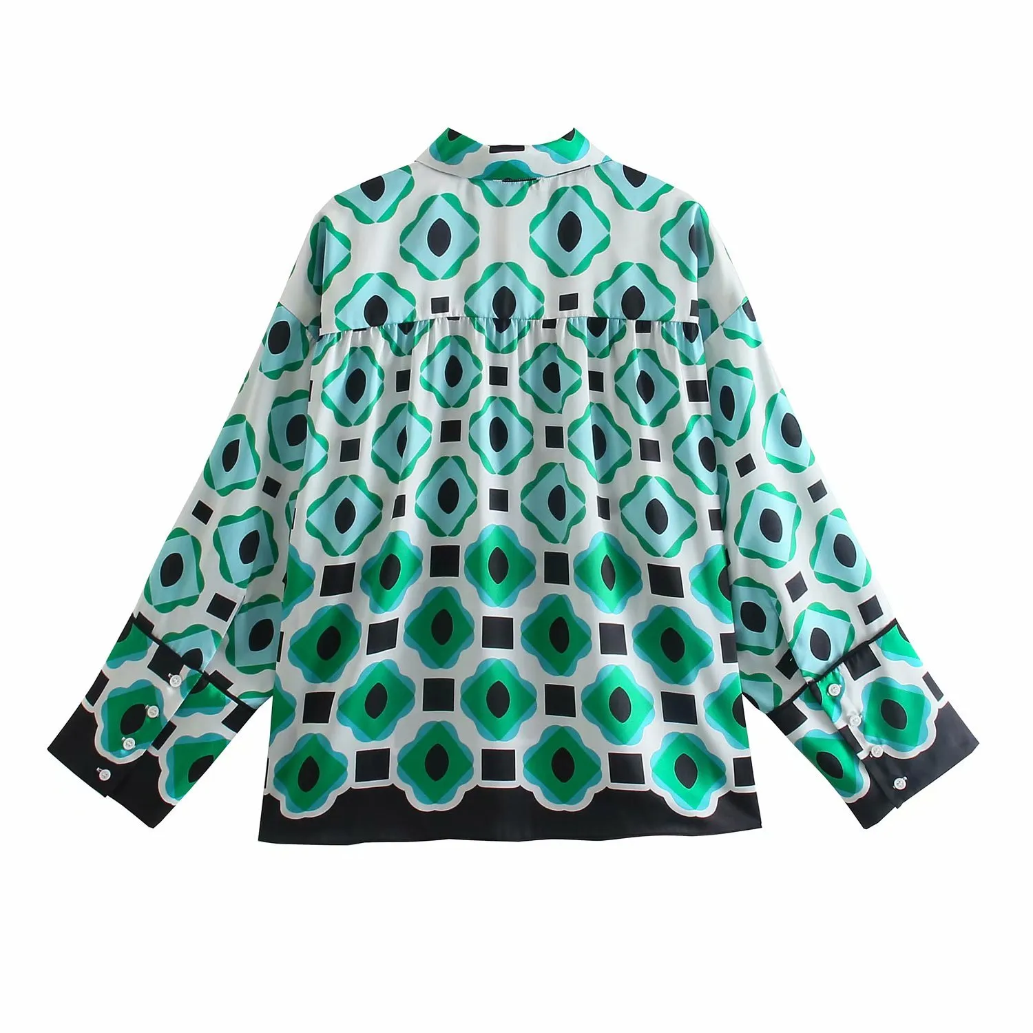 VUWWYV Femmes Chemises Vert Géométrique Imprimer Bouton Up Femme Été Manches Longues Plus Taille Collier Femme Casual Top 210430