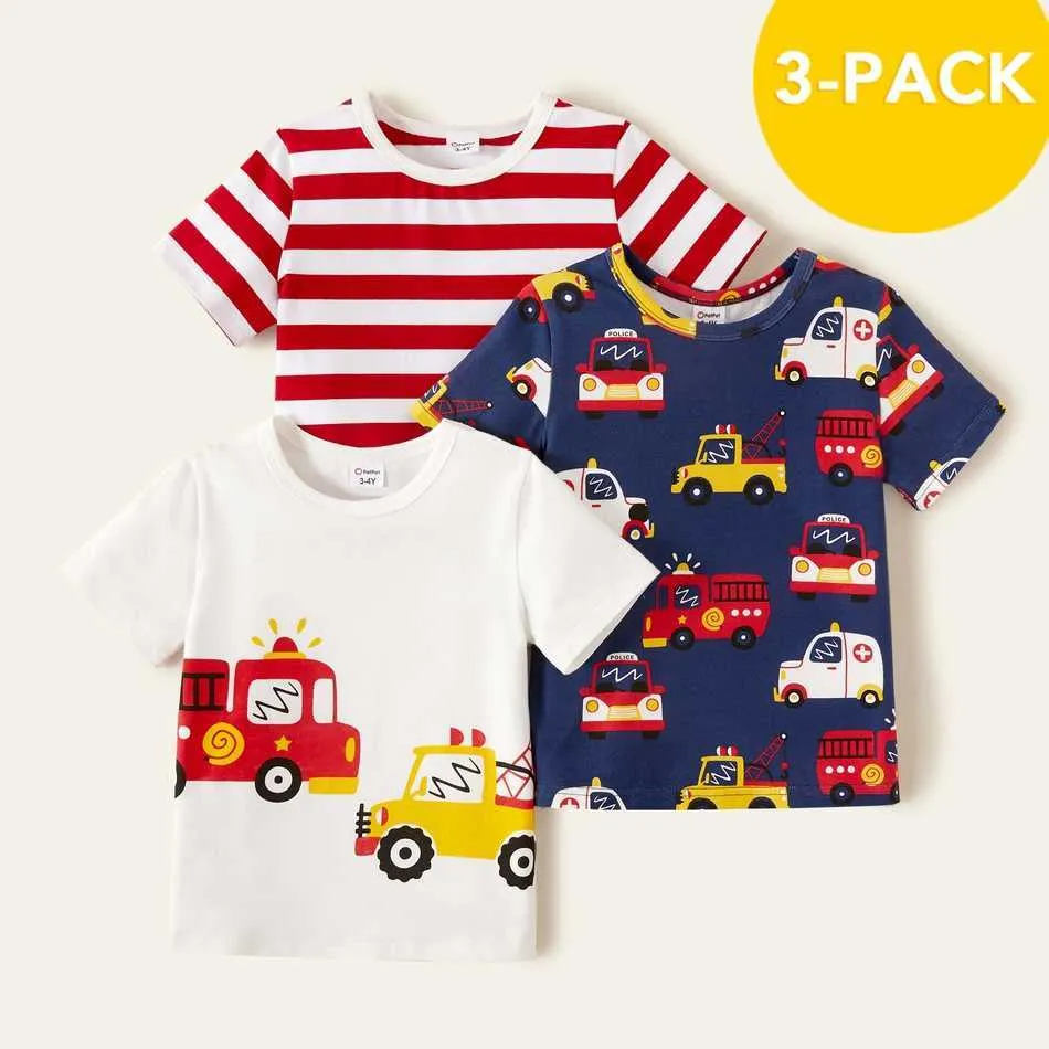 Arrivée d'été 3 pièces Toddler Boy Ambulance Firetrucks Tees rayés Vêtements pour enfants 210528