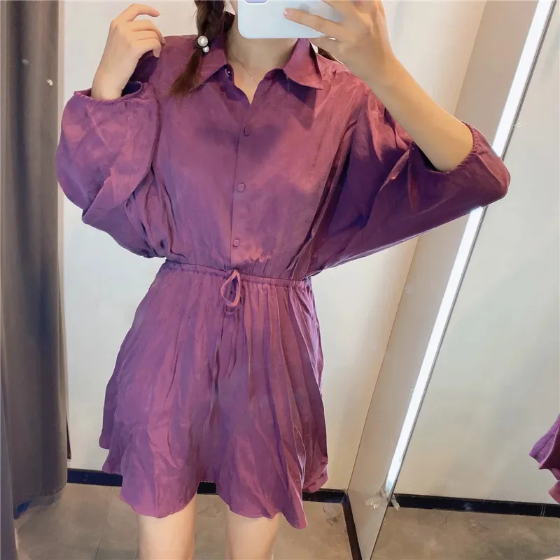 Purple Mini Shirt Dress Women Autumn Long Sleeve Collared Ruched Short Woman Elastic Waist Vintage Casual es 210519