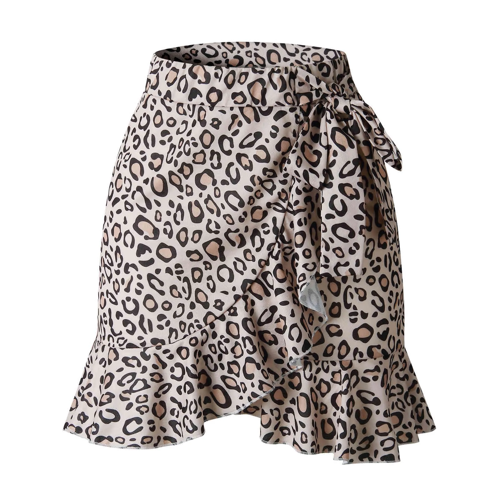 Été imprimé léopard Mini jupes femmes volants taille haute nœud papillon jupes femme Streetwear a-ligne plage bas vêtements 210521