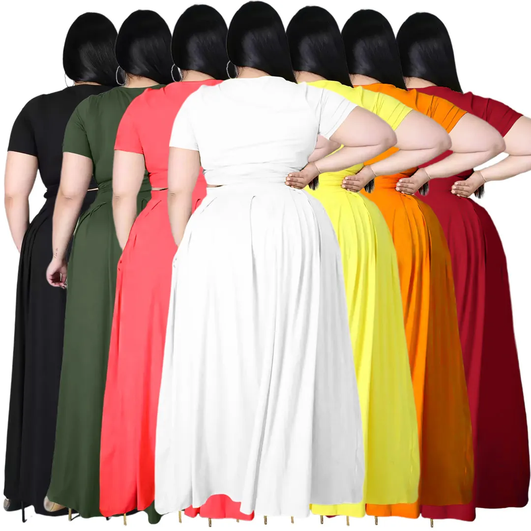 زائد حجم النساء ملابس الملابس أزياء كبيرة للسيدات الصلبة الصلبة الصليب الضمادة تأرجح تنورة من قطعتين بدلة 335C