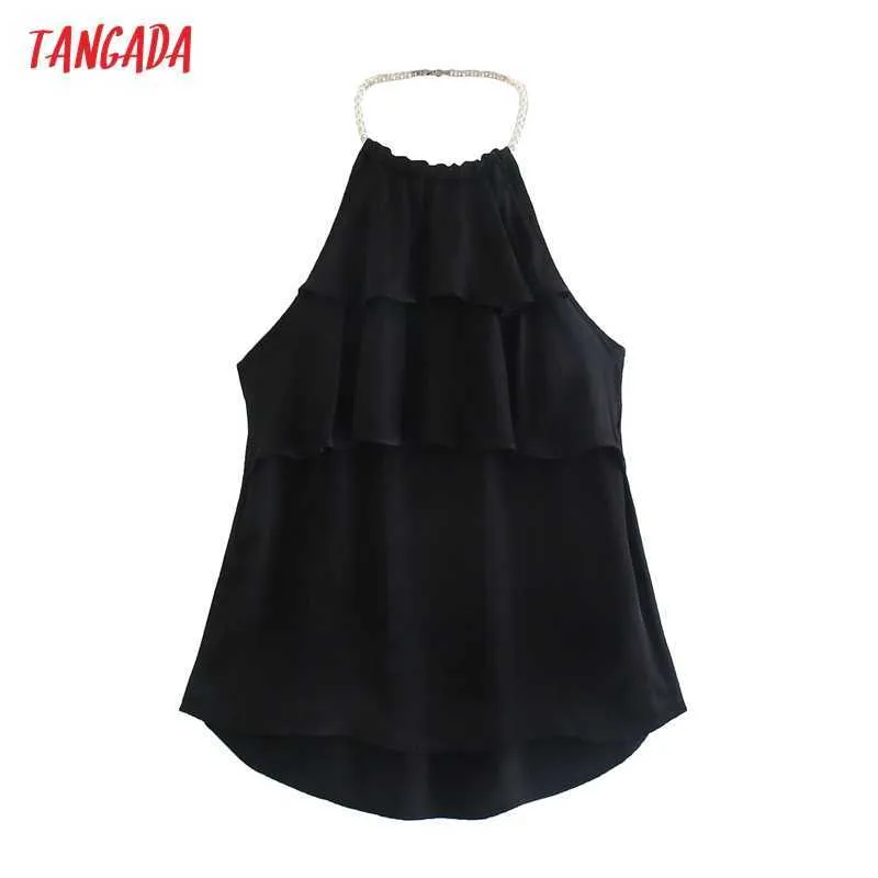 Tangada Femmes Sexy Perle Halter Camis Crop Top Sans Manches Dos Nu Blouses Courtes Chemises Femme Casual Solid Tops 5Z170 210609