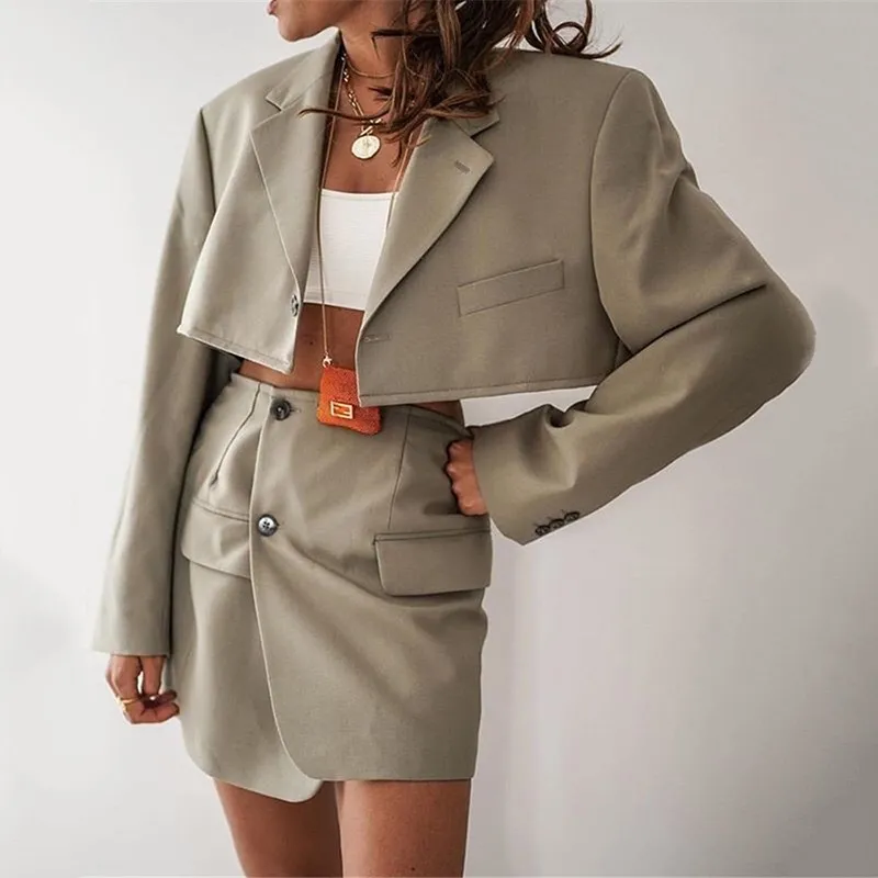 Sexy One Button Short Bebwoningen Vrouwen Blazer Hoge Taille Onregelmatige Cross Slit Mini Rok Lange Mouwen Pakken 2 Stuks Set Vintage 210429