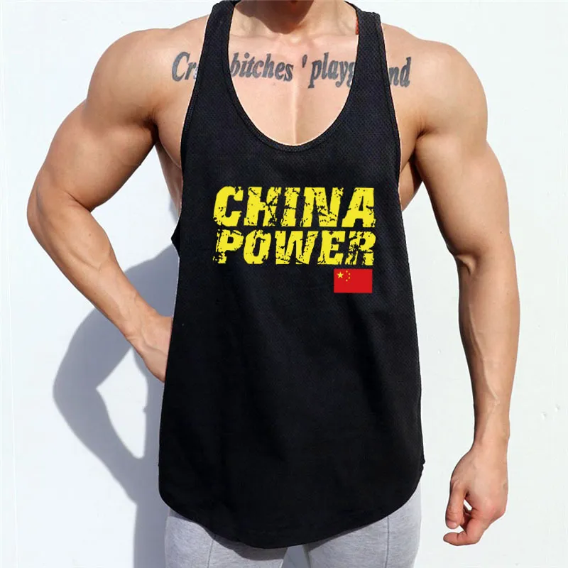 Kina Power Mens Mesh Fitness Clothing Gym Stringer Tank Top Men Bodybuilding Vest Workout Singlets Running Ärmlös tröja 210421