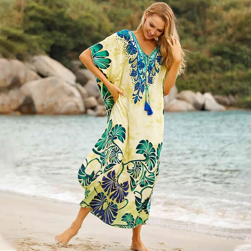 Cotton Long Beach Dress Coverups for Women Pareo de Plage Swimsuit Cover up Sarongs Swimwear Kaftan #Q845 210420