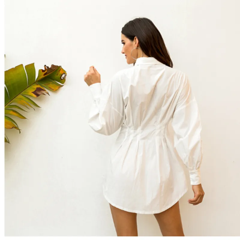 여성 드레스 큰 오픈 V 넥 턴 다운 칼라 솔리드 컬러 착용 및 플레어 높은 허리 우아한 패션 의류 210522