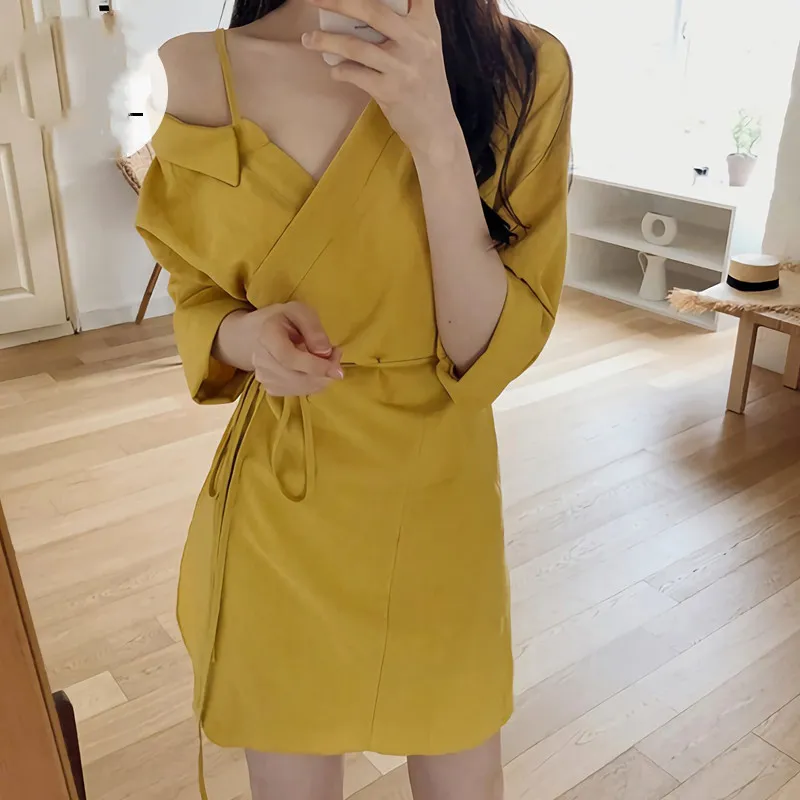 Vintage OL Kleid Frauen Solide Off Schulter Sexy Mode Gelb Vestidos Koreanische Verband Mini Kleider Hohe Taille 16616 210415