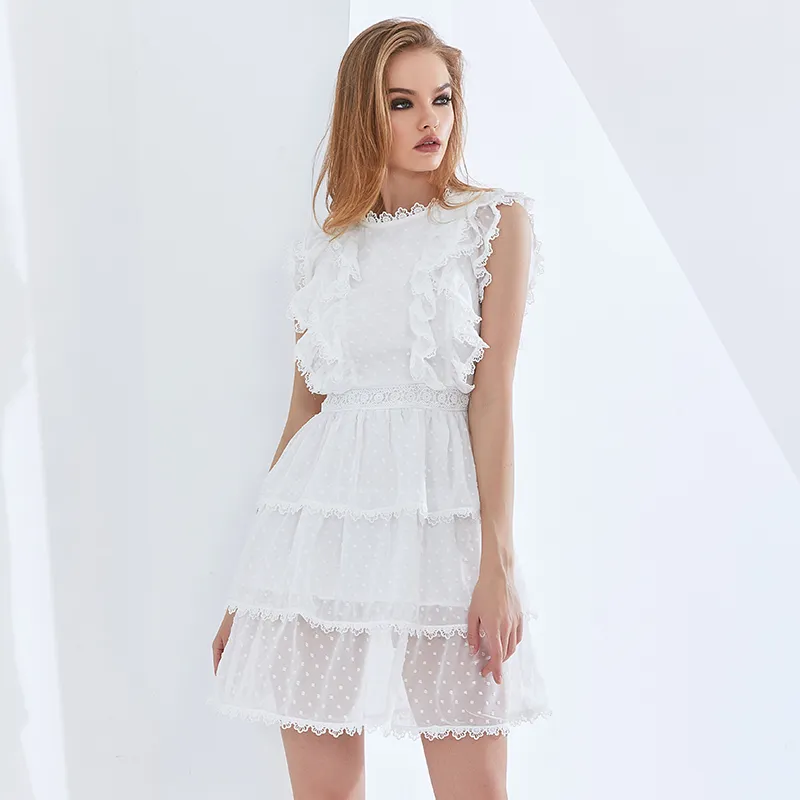 Weißes Patchwork-Spitze-Rüschen-Sommerkleid für Frauen, ärmellos, hohe Taille, Netz-Polka-Dot-Kleider, Damenmode 210520