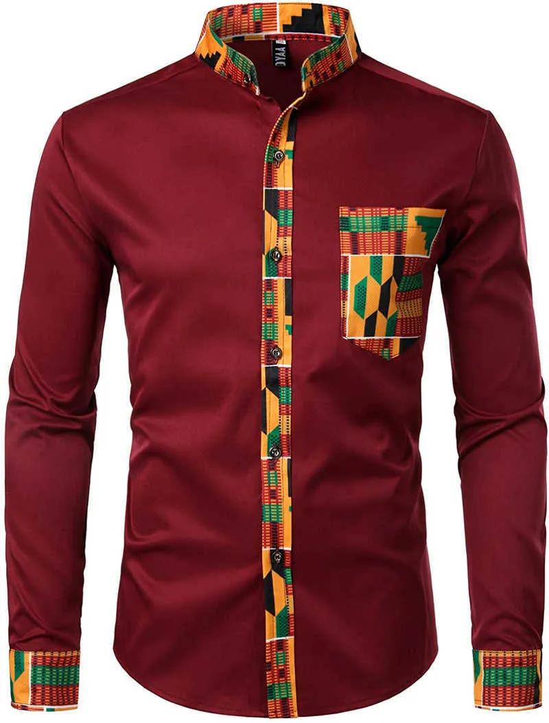 Męskie Hipster African Dashiki Tribal Graphic Patchwork Koszule Slim Fit Long Rękaw Mandarin Collar Koszula Camisas Mężczyźni Odzież 210626