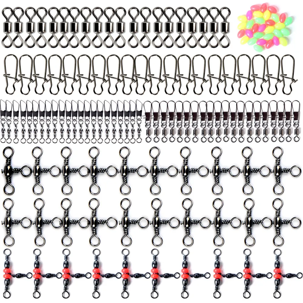 140 stuks doos vissen accessoires apparatuur kit met visgerei doos snaps kogellager triple draaibare connector vissen set zoutwater fres4783868