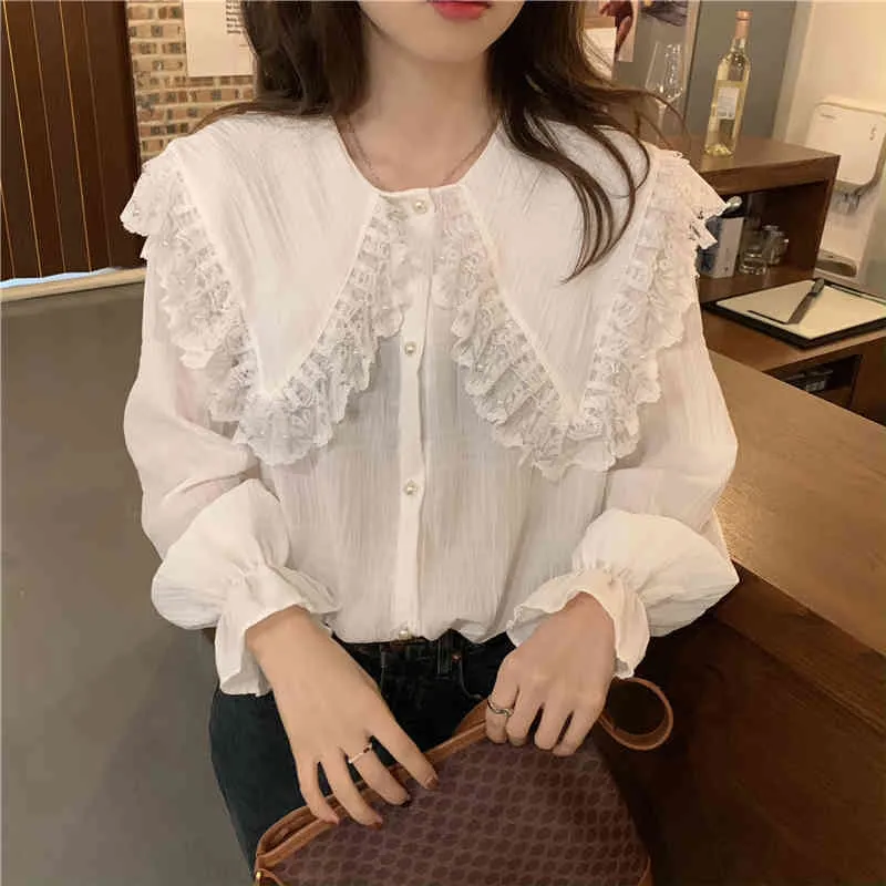 Camicia vintage chic colletto alla Peter Pan primavera pizzo solido sciolto moda tutte le partite casual streetwear camicette 210525