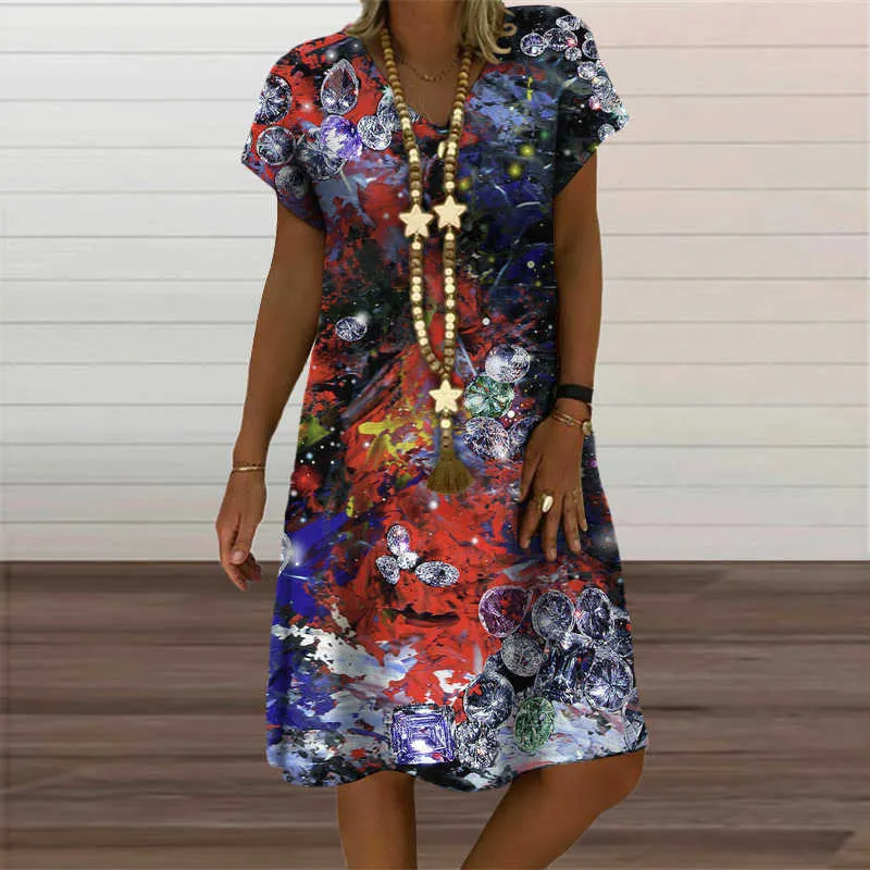 2021 Lato Nowa Odzież damska Plaid Grafiki Geometryczne Mini Dresses Casual Loose Krótki Rękaw V-Neck Beach Sundress Panie 5xl Y1006