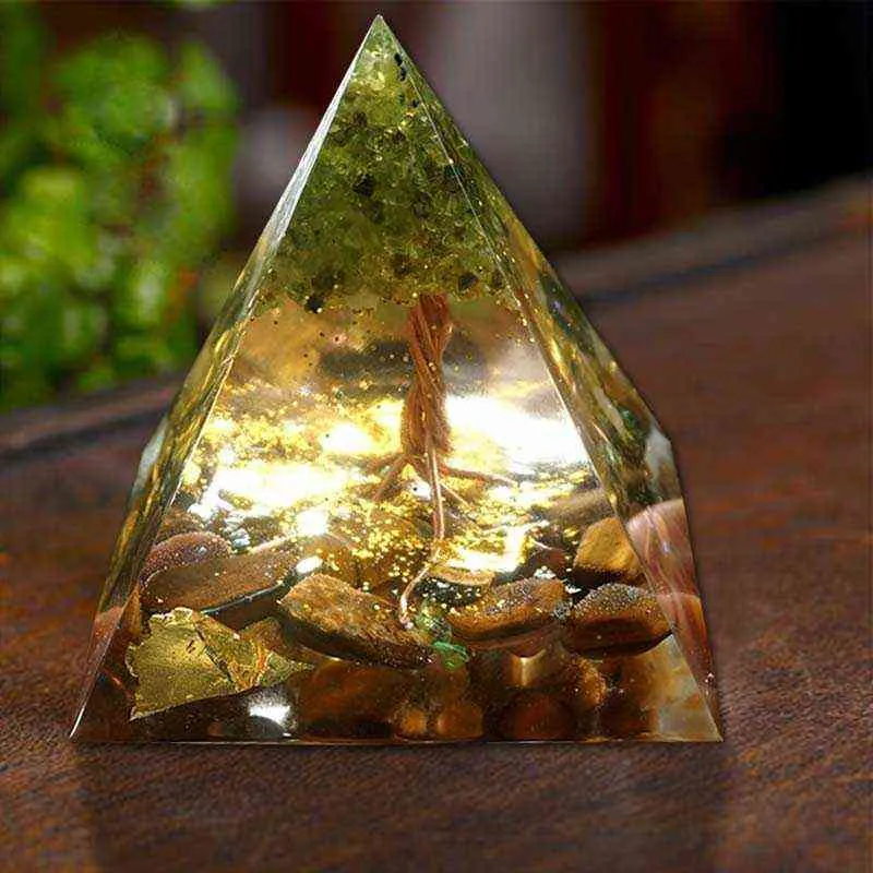 Pyramide d'orgone d'arbre de vie faite à la main, péridot de 60mm avec pierre de cristal d'oeil de tigre, accumulateur, chakra d'énergie d'orgonite EMF 211108