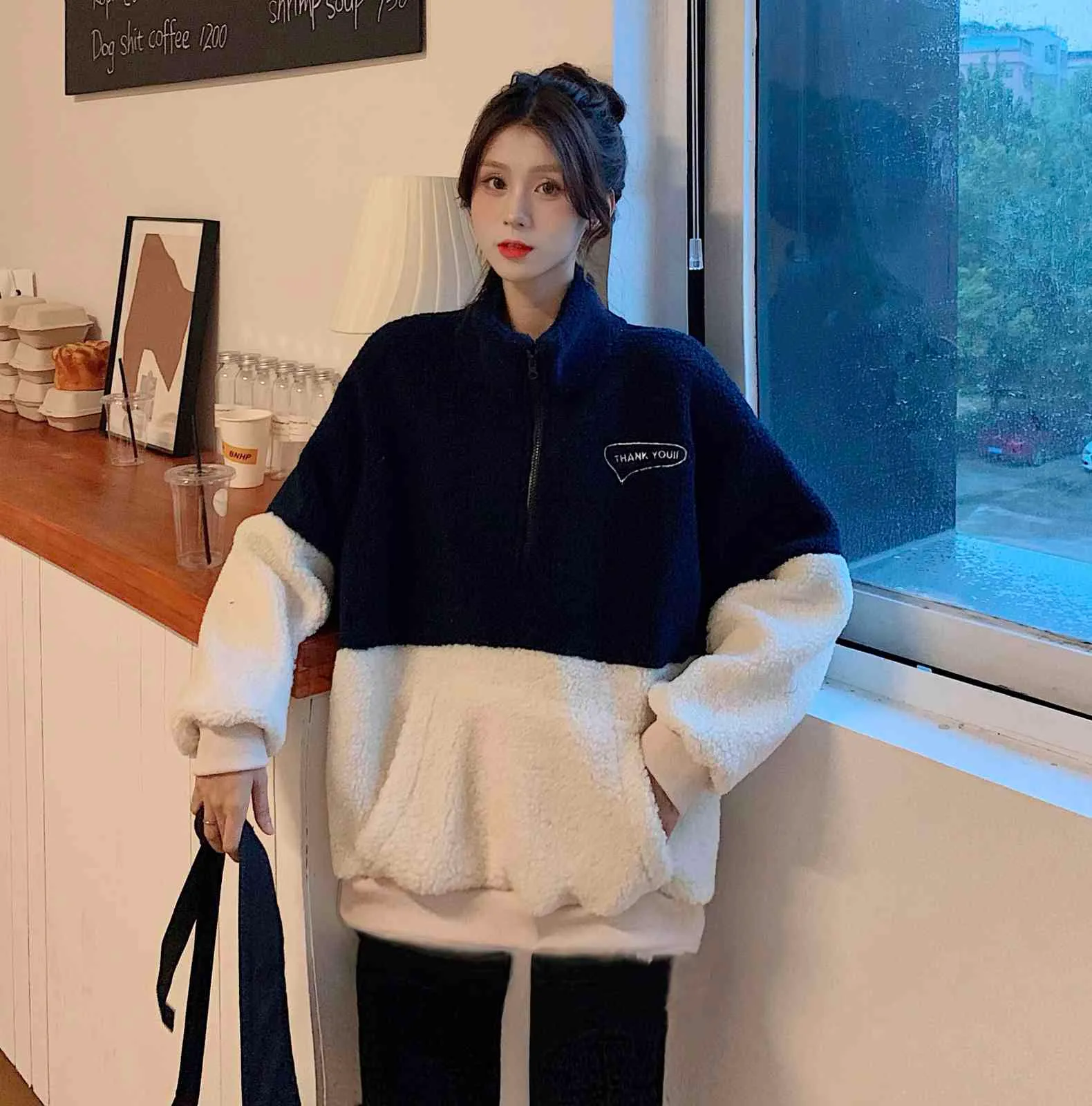 Stile coreano Fleece Patckwork Collare del basamento Cerniera allentata Halajuku Moda Donna Top Outwears Pullover Felpa 210522