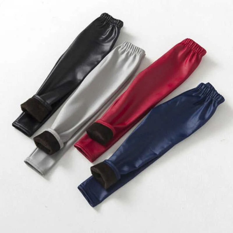 Children'S Thick Pu Pants Elastic Waist Warm Leather Leggings Tights For Girls Trousers Winter Baby Clothes 210625