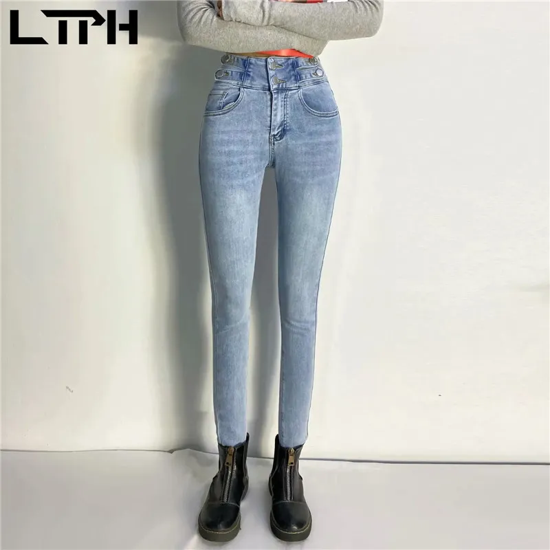 estilo ins streetwear jeans casual mujer cintura alta diseño de múltiples botones stretch skinny denim lápiz pantalones primavera 210427