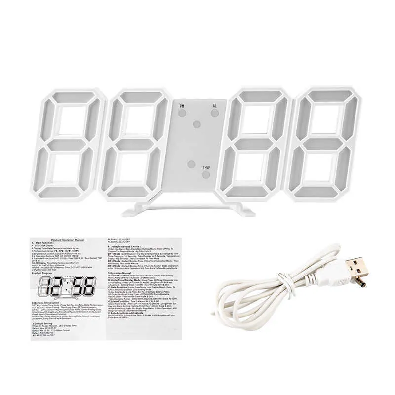 Nordic большие цифровые настенные часы кухня светодиодный дисплей домашние часы настенные часы ночь USB электронные будильники ванной столовые часы 210724