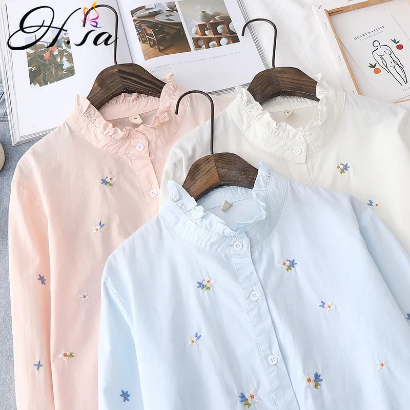 HSA Japanese Preppy Style Autumn Spring Women White Shirt Stand Collar Ruffles Feminino Blusas Söt Kawaii Sweet Lolita Girl Top 210417