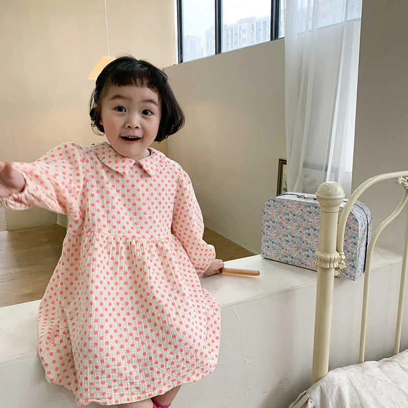 Spring Coton Little Princess Dresses For Girls Fashion Cute Kids Dot Loose Casual Long Sleeve Dress 210615