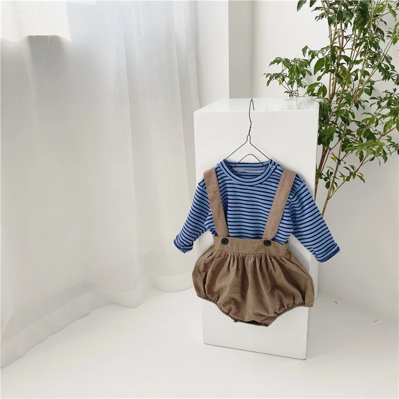 Korean style baby boys girls striped sets cotton casual long sleeve T shirt and bodysuit brother sister clothes 210508