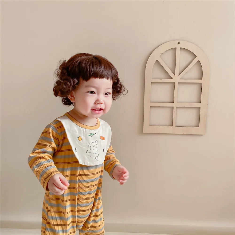 Spring and Autumn striped long-sleeved printed romper baby climbing clothes bibs Coverall girl 210515