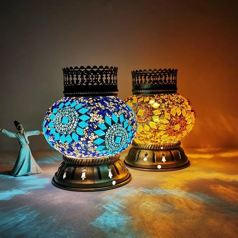 مصابيح المائدة المغرب مصباح الفسيفساء التركي المصنوع يدويًا بطارية غرفة نوم زجاجية تعمل وتبديل LED LED Night239p