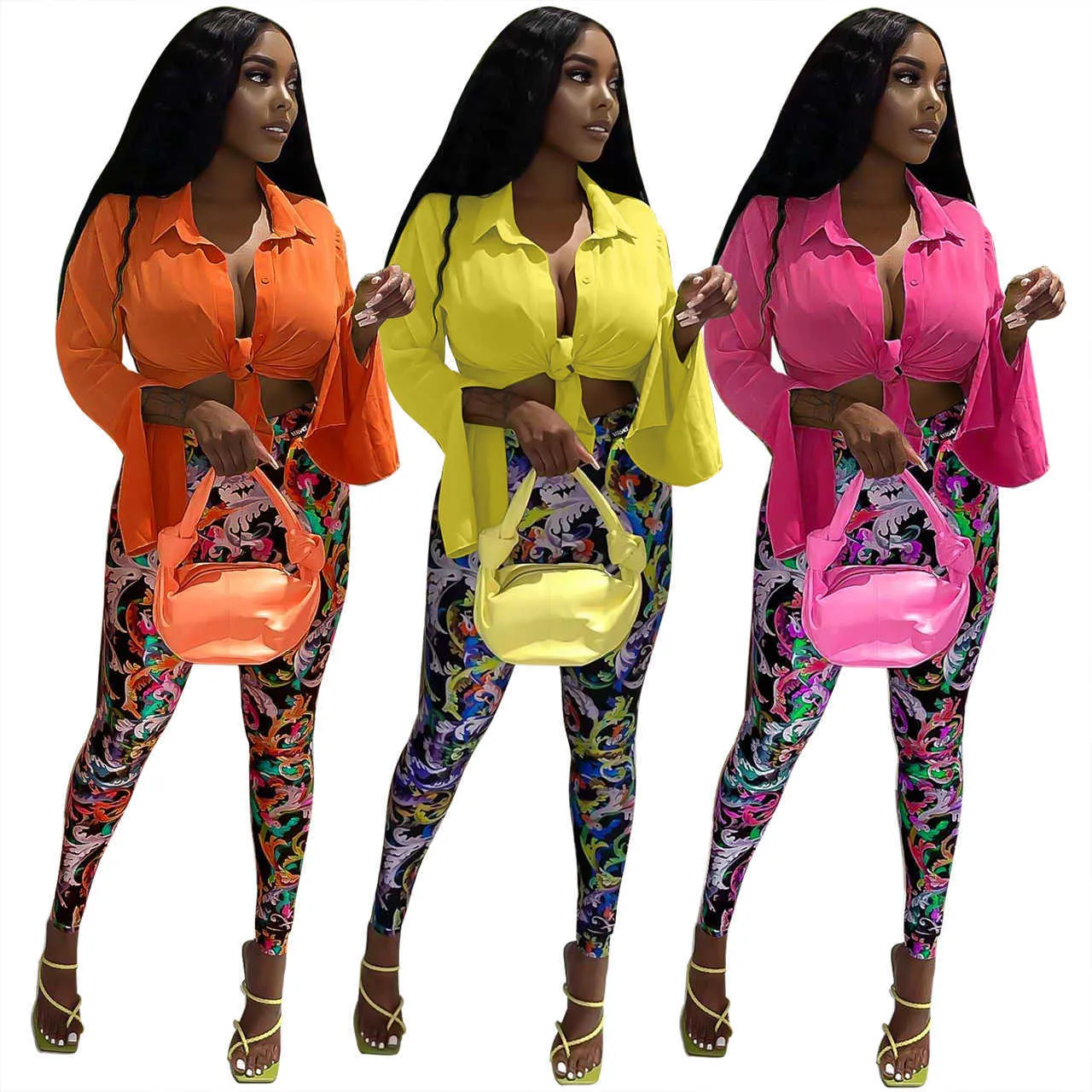 Women Two Piece Pants Set Designer Long Sleeve Cardigan Shirts+Printed Trousers Outfits 2022 Spring And Summer Tracksuits