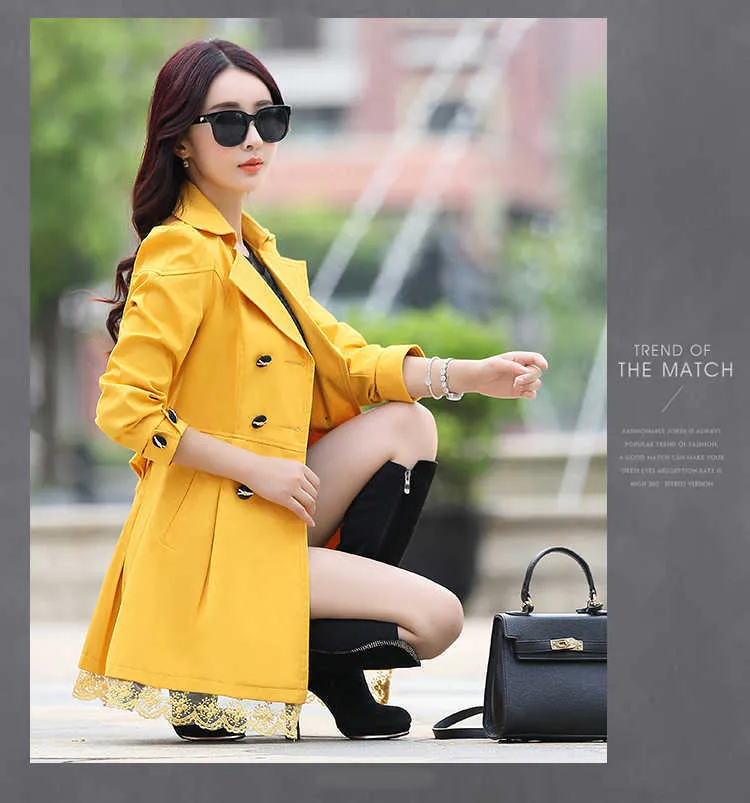 Printemps Trench-Coat pour femmes Streetwear col rabattu Double boutonnage noir manteaux femme grande taille 3XL 4XL vêtements 211026