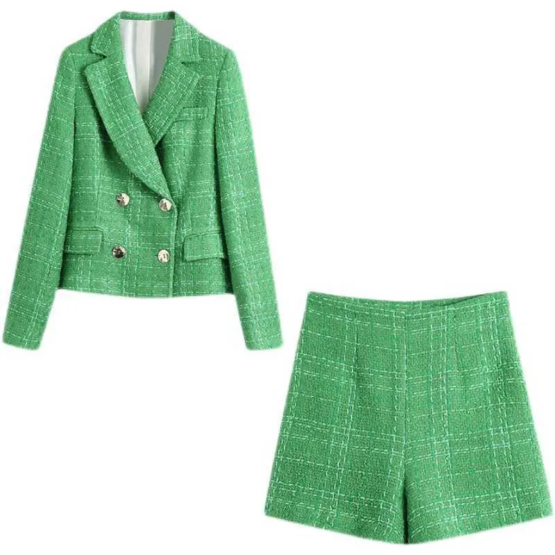 Высококачественные дамы костюм шорты офисные 2-х частей набор весна и осень плед зеленый элегантный куртка с длинными рукавами Slim 210527