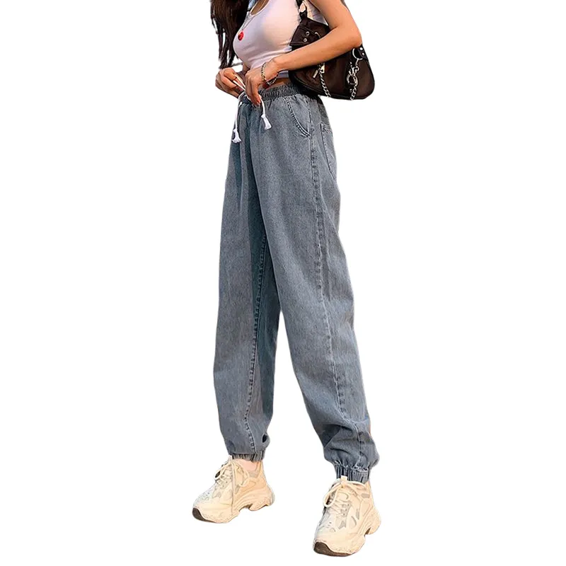 Mulheres jeans harem denim cordão plissado primavera outono moda sólida casual chic streetwear calças 210522