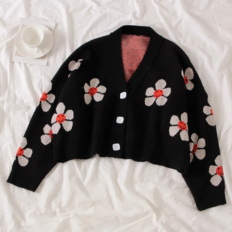 Elegant Floral Knitted Cardigan V-neck Sweater Coat Flowers Printed Casual Streetwear Single-breasted Crop Tops Sueter Mujer 210415