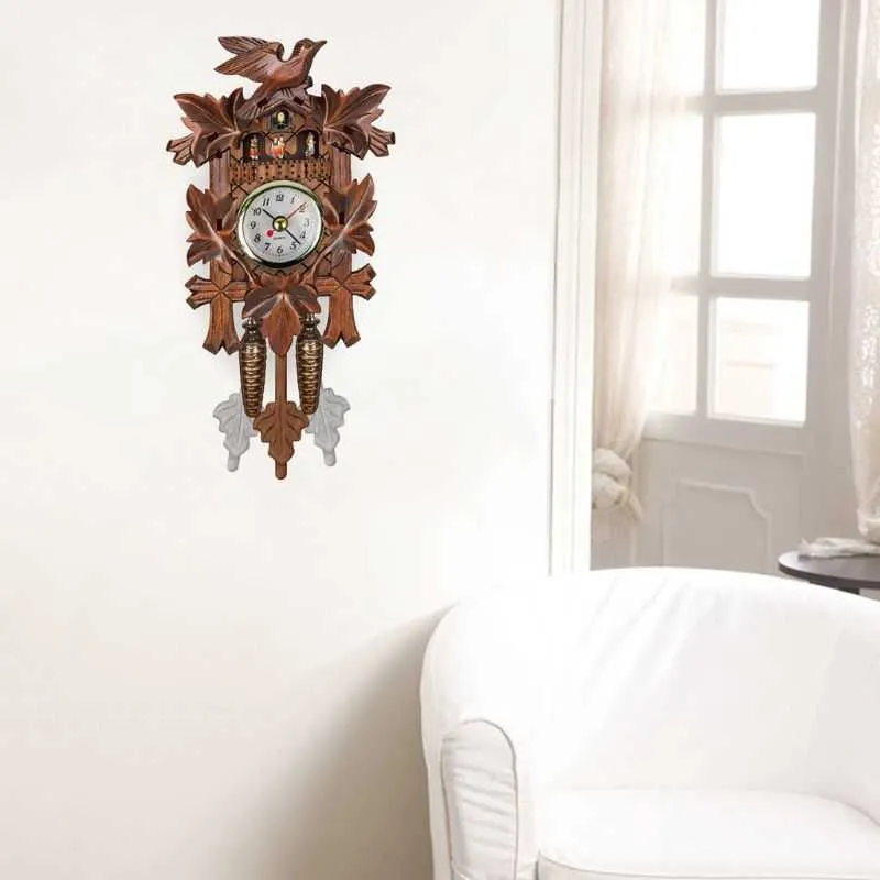 Antique Wood Cuckoo Wall Clock Bird Time Bell Swing Alarm Watch Home Decoration H09228250028