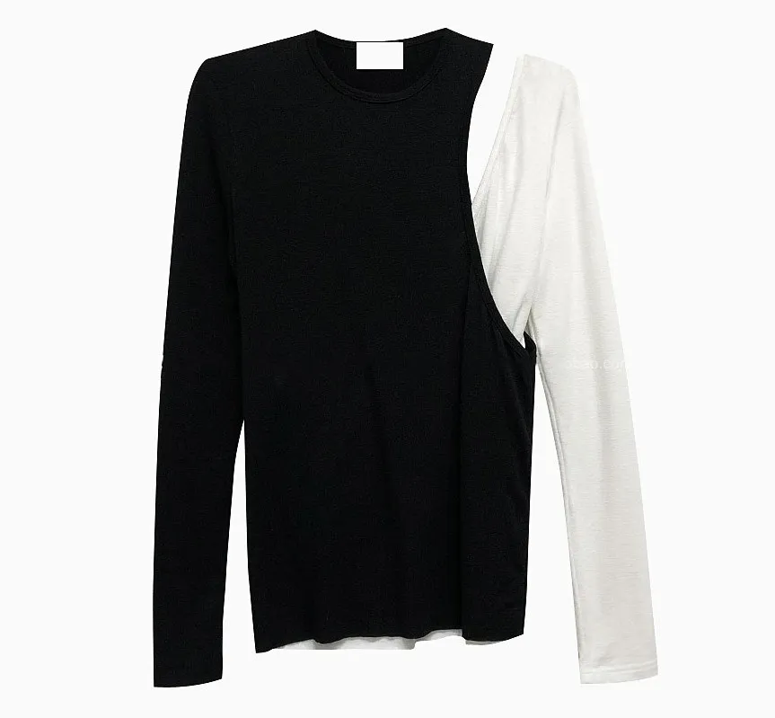 Maglietta monospalla da donna a maniche lunghe in bianco e nero T-shirt casual fredda Abbigliamento autunnale 210427