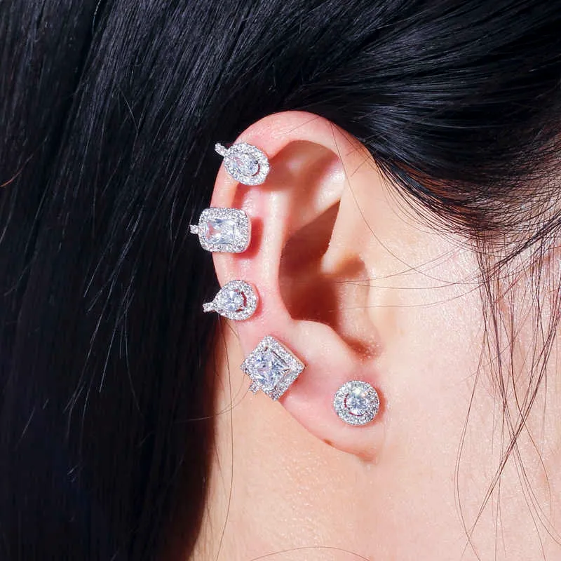 QooLady Asymmetric Sparkly White Luxury Long Cubic Zirconia Crystal Climber Ear Cuff Earrings Brides Star Jewelry E068 2106184697232